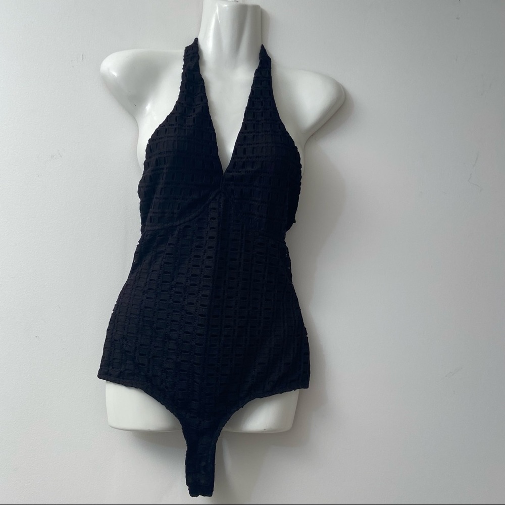 Guess Los Angeles women black lace knit halter top bodysuit.  Size XS. NWOT.